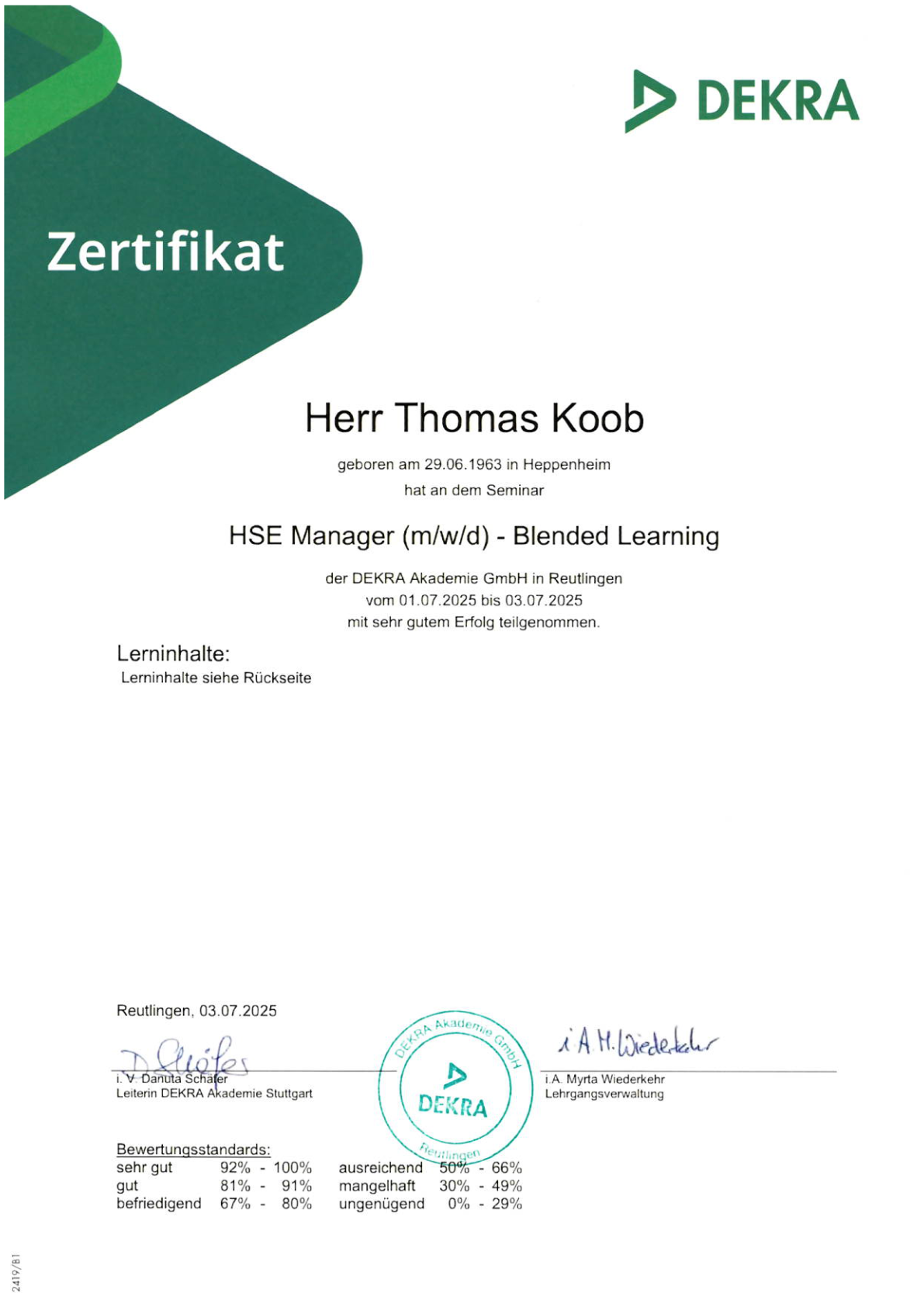 HSE-Manager Zertifikat DEKRA